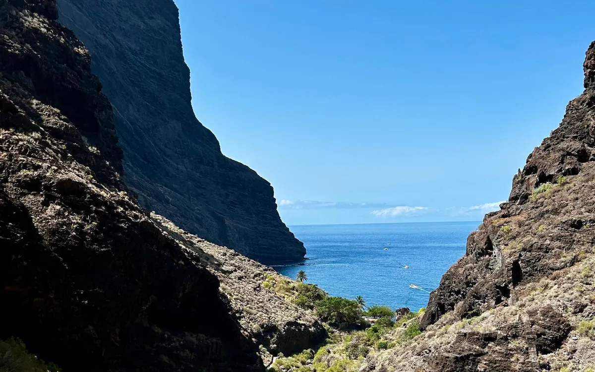 Dark gorge walls opening onto a blue sea, with palms and green scrub on the valley floor